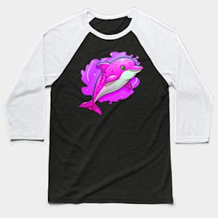 Pink Paradise: Playful Cartoon Dolphin Fish Design Baseball T-Shirt